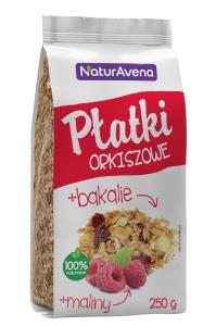 PŁATKI ORKISZOWE Z MALINĄ I BAKALIAMI 200 G NATURAVENA