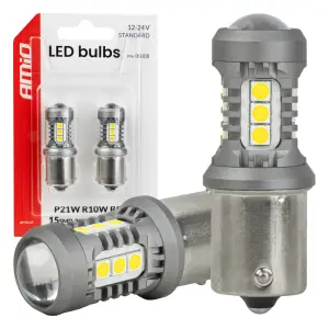 Żarówki LED STANDARD BA15S P21W 3030 15SMD białe 12V 24V AMIO-05000
