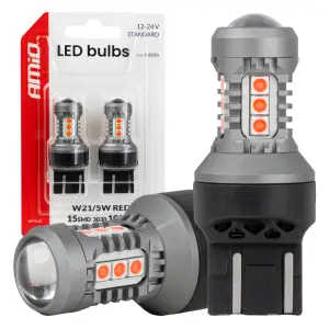 Żarówki LED STANDARD 7443 W21/5W 3030 15SMD czerwone 12V 24V AMIO-04999