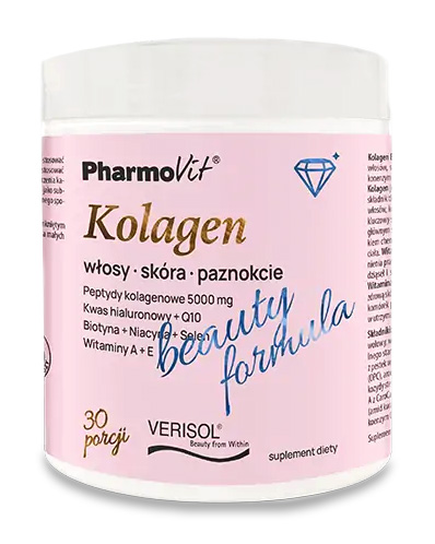 KOLAGEN O SMAKU BRZOSKWINIA - BANAN BEAUTY FORMULA BEZGLUTENOWY W PROSZKU 174 g - PHARMOVIT
