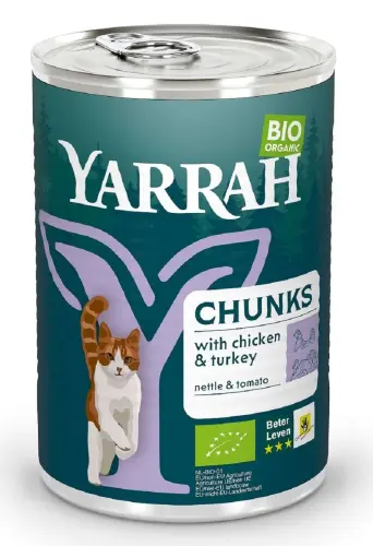 (DLA KOTA DOROSŁEGO) KAWAŁKI KURCZAKA I INDYKA Z POMIDOREM I POKRZYWĄ BIO 405 g - YARRAH