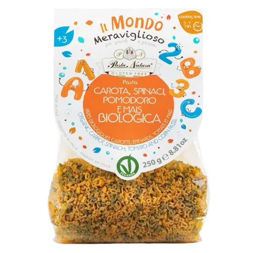 MAKARON (KUKURYDZIANY TRÓJKOLOROWY) DLA DZIECI LITERKI I CYFERKI BEZGLUTENOWY BIO 250 g - PASTA NATURA